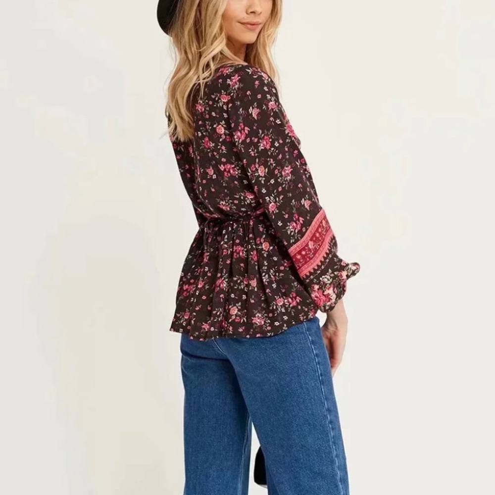 Black Floral Boho Gypsy Button Long Sleeve Blouse - Picture 4 of 6